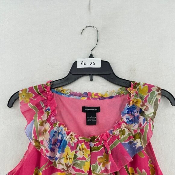 Spense Blouse Women's Sz L Pink Floral Ruffle Pleated Round Neck Regular Fit - Picture 12 of 12
